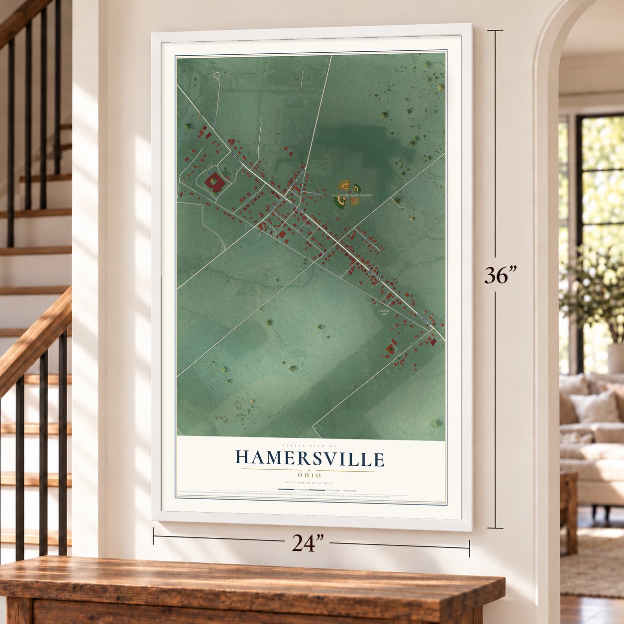 Hamersville, Ohio map, 24 x 36 inch print in a white frame by a staircase