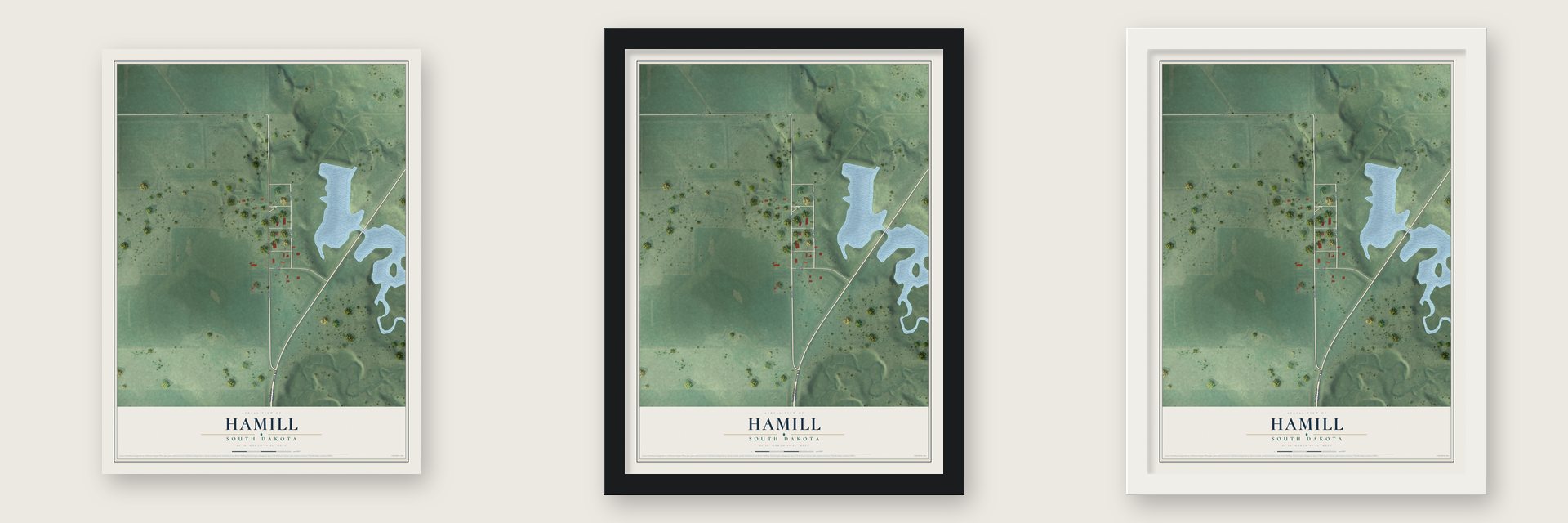 Hamill, South Dakota map unframed, in a black wood frame and in a white wood frame