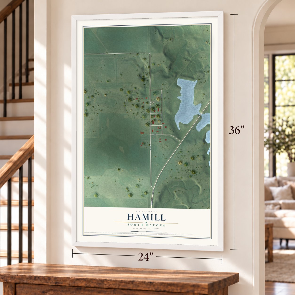 Hamill, South Dakota map, 24 x 36 inch print in a white frame by a staircase