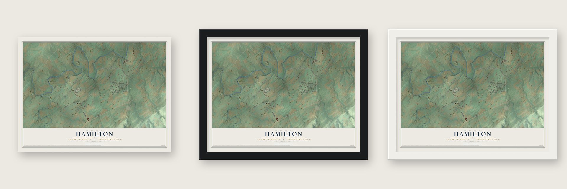 Hamilton, Adams County, Pennsylvania map unframed, in a black wood frame and in a white wood frame