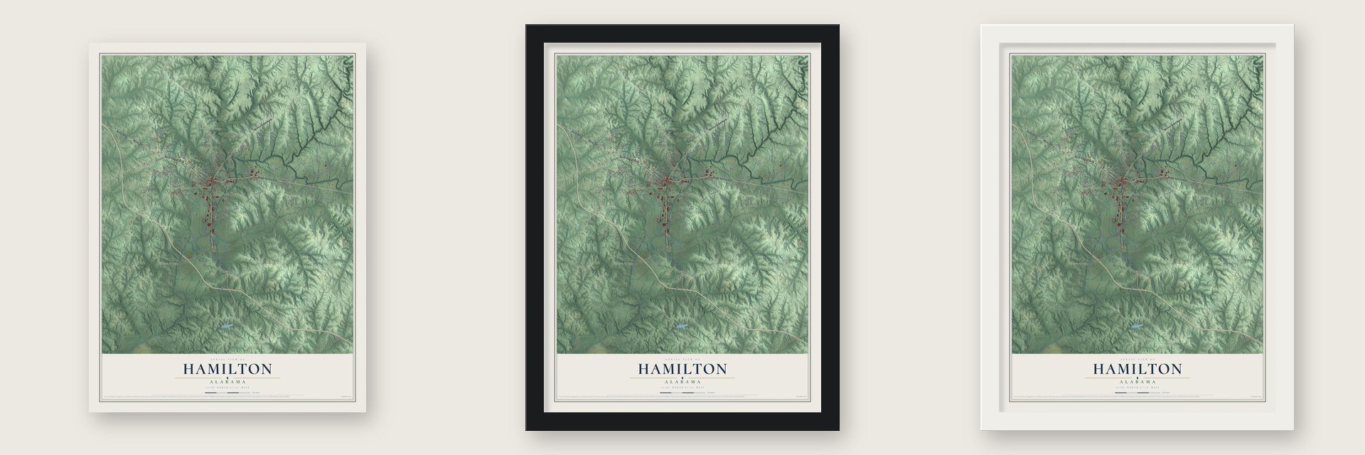 Hamilton, Alabama map unframed, in a black wood frame and in a white wood frame