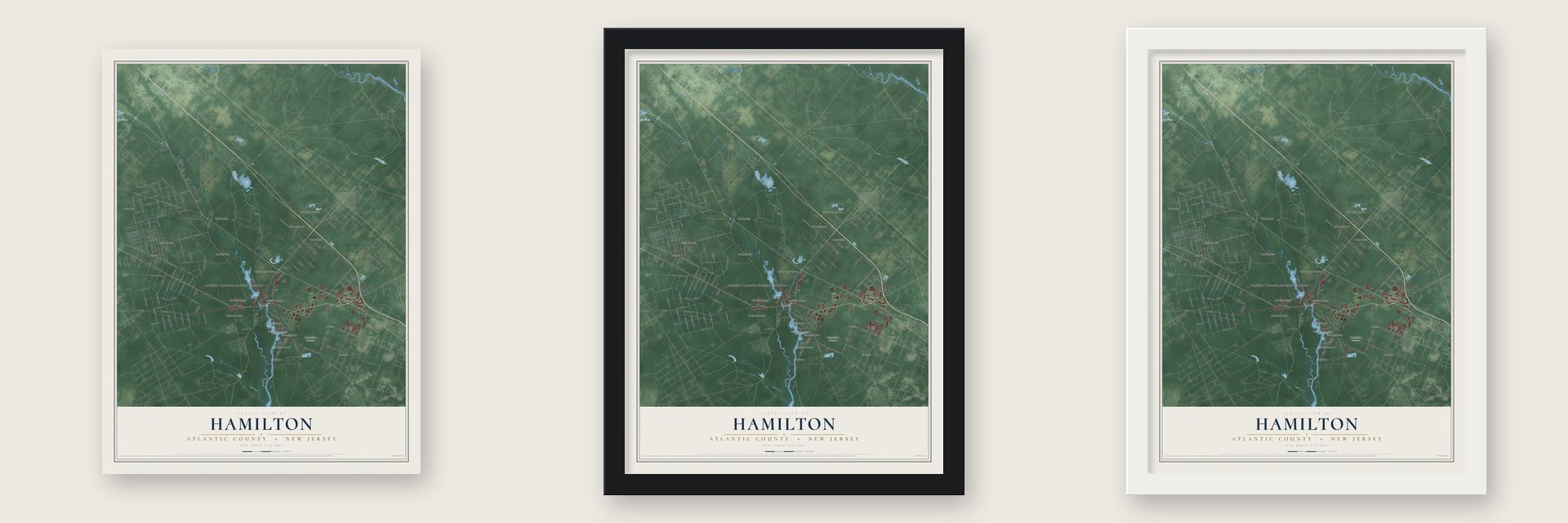 Hamilton, Atlantic County, New Jersey map unframed, in a black wood frame and in a white wood frame