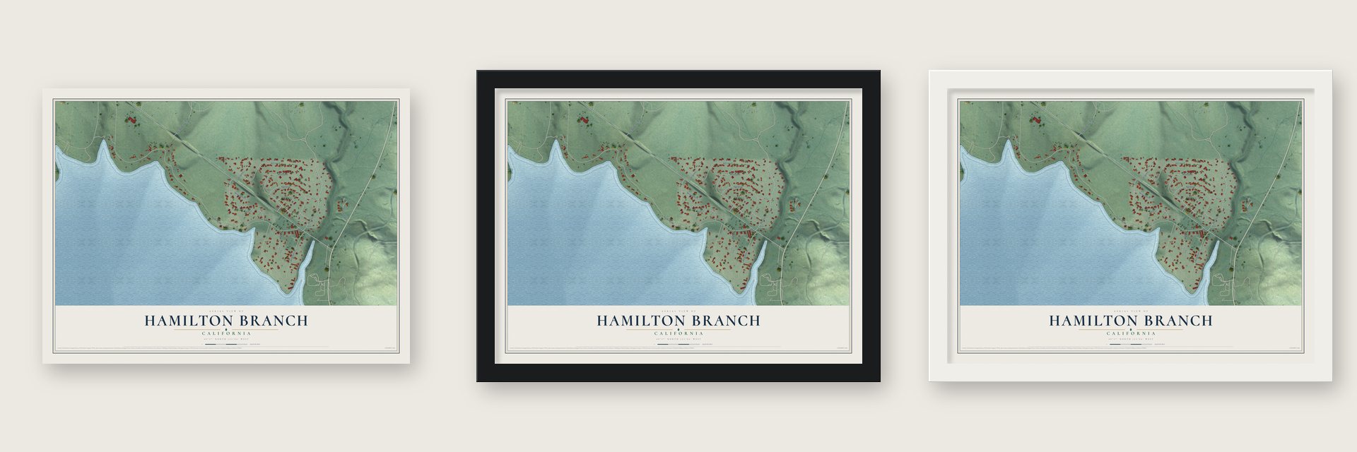Hamilton Branch, California map unframed, in a black wood frame and in a white wood frame