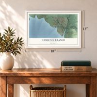 Hamilton Branch, California map, 12 x 18 inch print in a white frame in an entryway