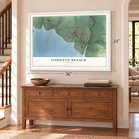 Hamilton Branch, California map, 24 x 36 inch print in a white frame above a dresser by a staircase