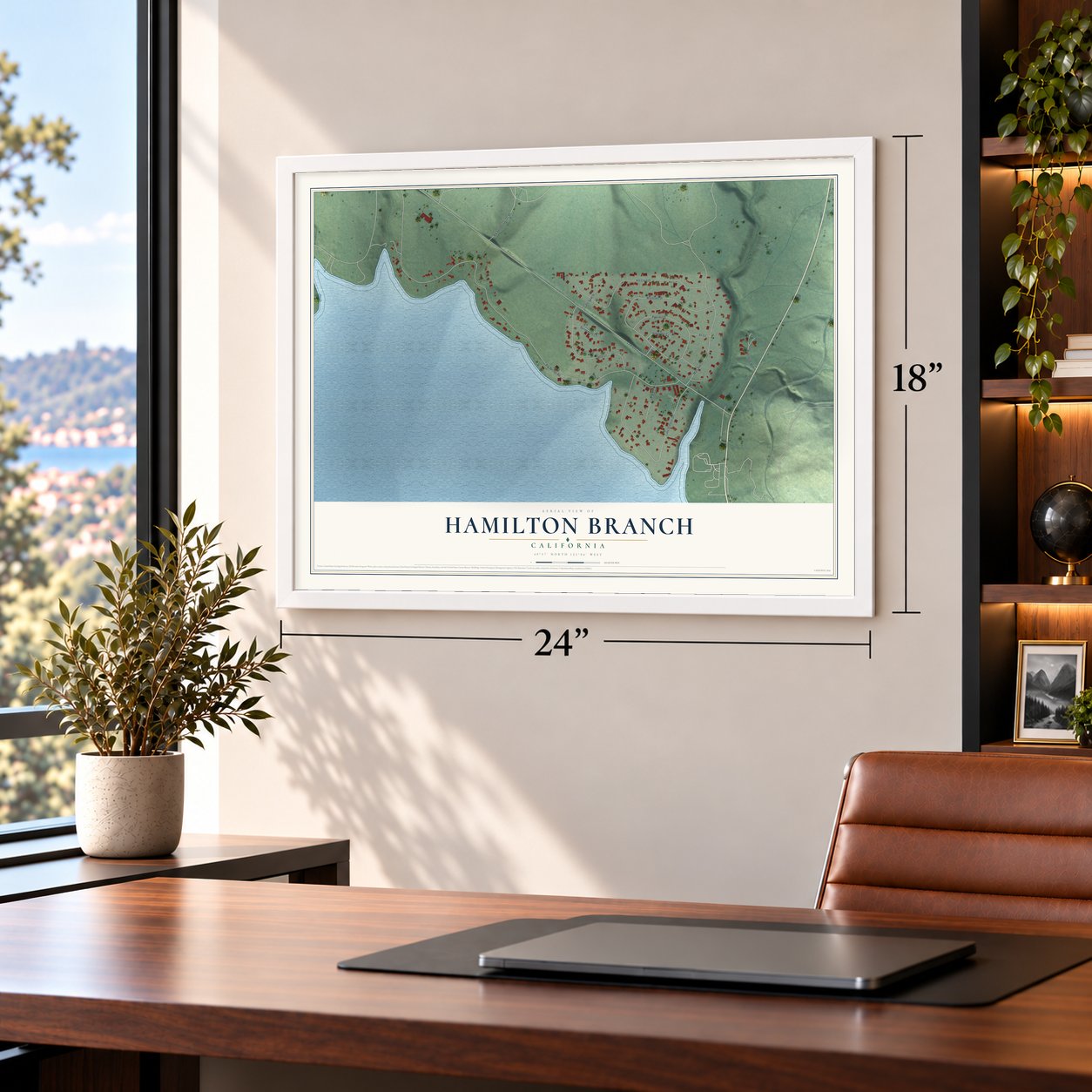 Hamilton Branch, California map, 18 x 24 inch print in a white frame in a home office