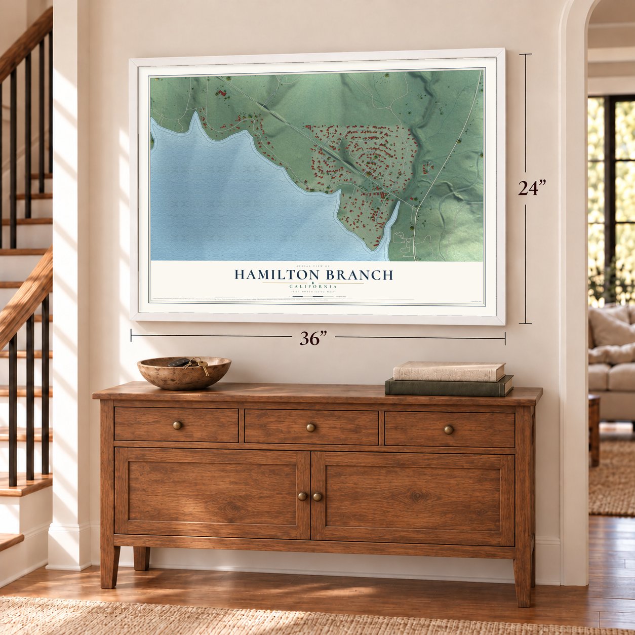 Hamilton Branch, California map, 24 x 36 inch print in a white frame above a dresser by a staircase