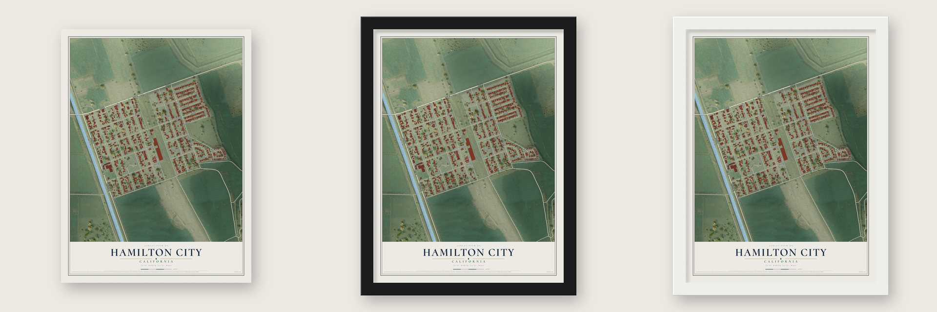 Hamilton City, California map unframed, in a black wood frame and in a white wood frame