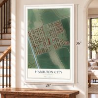 Hamilton City, California map, 24 x 36 inch print in a white frame by a staircase