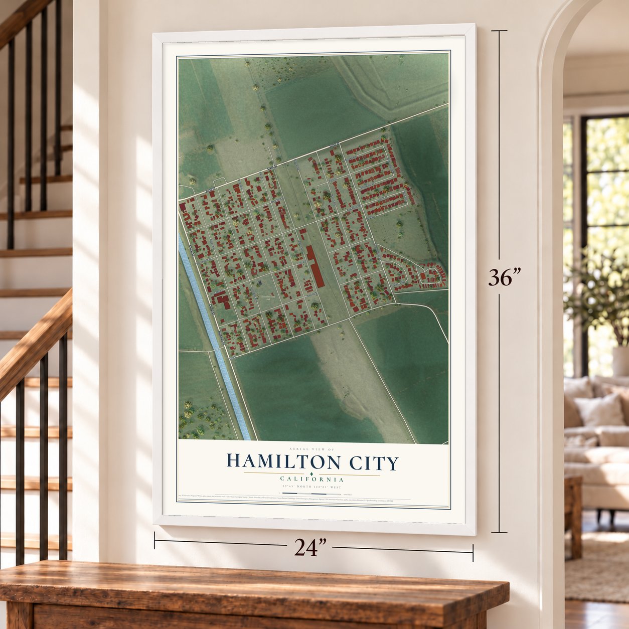 Hamilton City, California map, 24 x 36 inch print in a white frame by a staircase