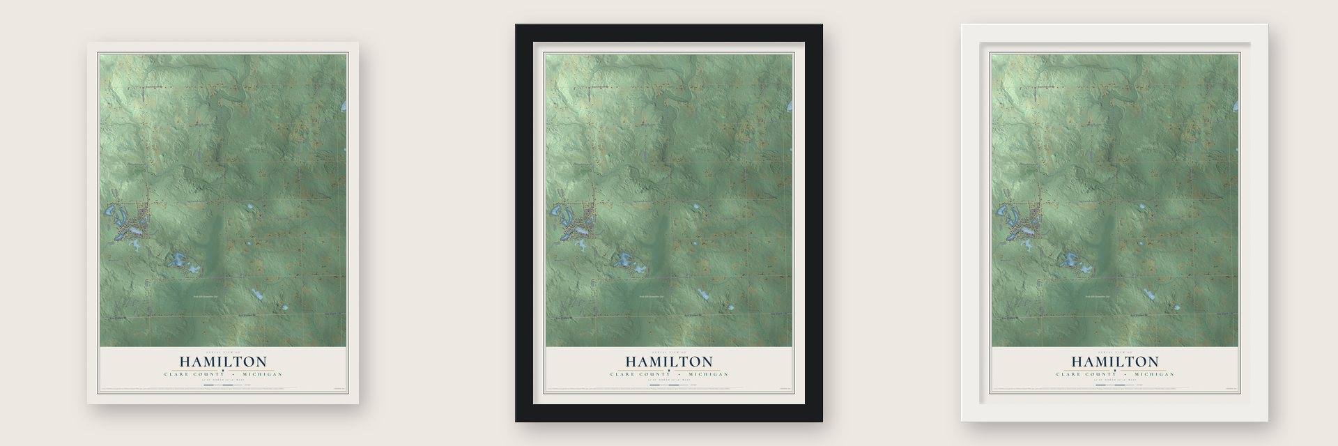 Hamilton, Clare County, Michigan map unframed, in a black wood frame and in a white wood frame