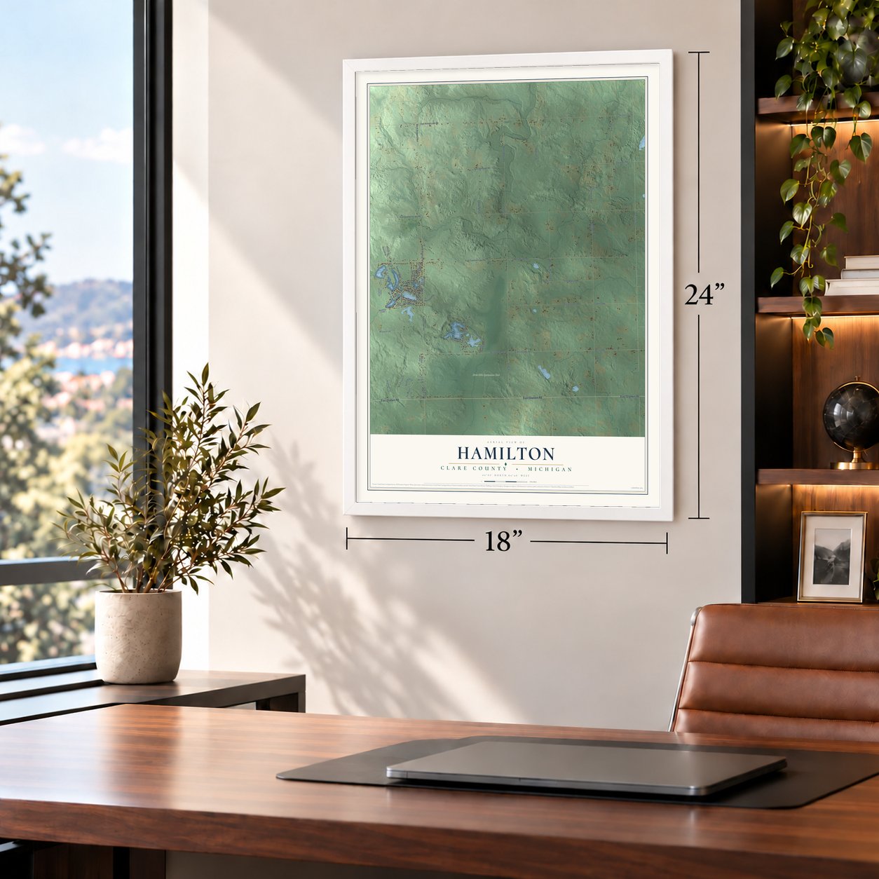 Hamilton, Clare County, Michigan map, 18 x 24 inch print in a white frame in a home office