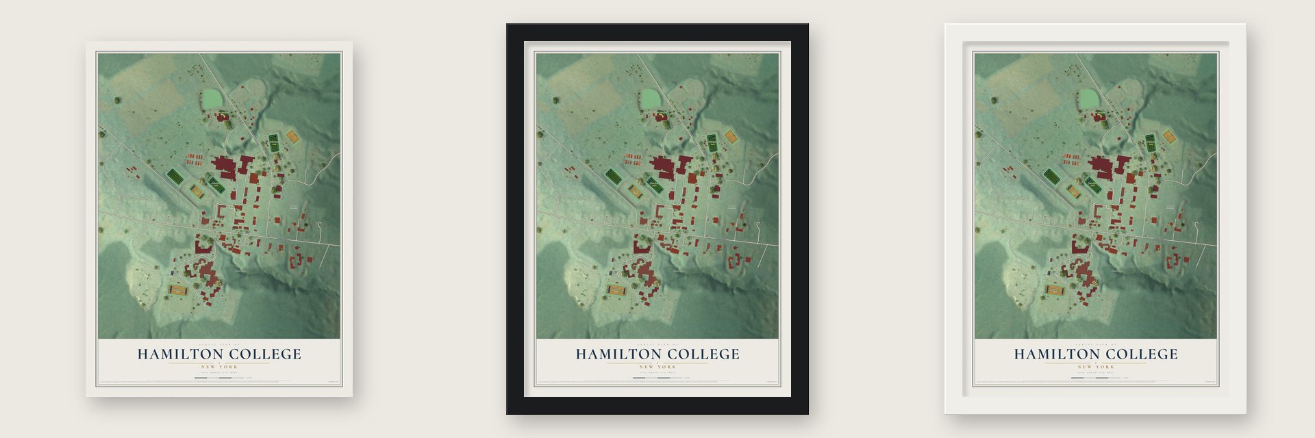 Hamilton College, New York map unframed, in a black wood frame and in a white wood frame