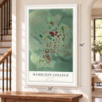 Hamilton College, New York map, 24 x 36 inch print in a white frame by a staircase