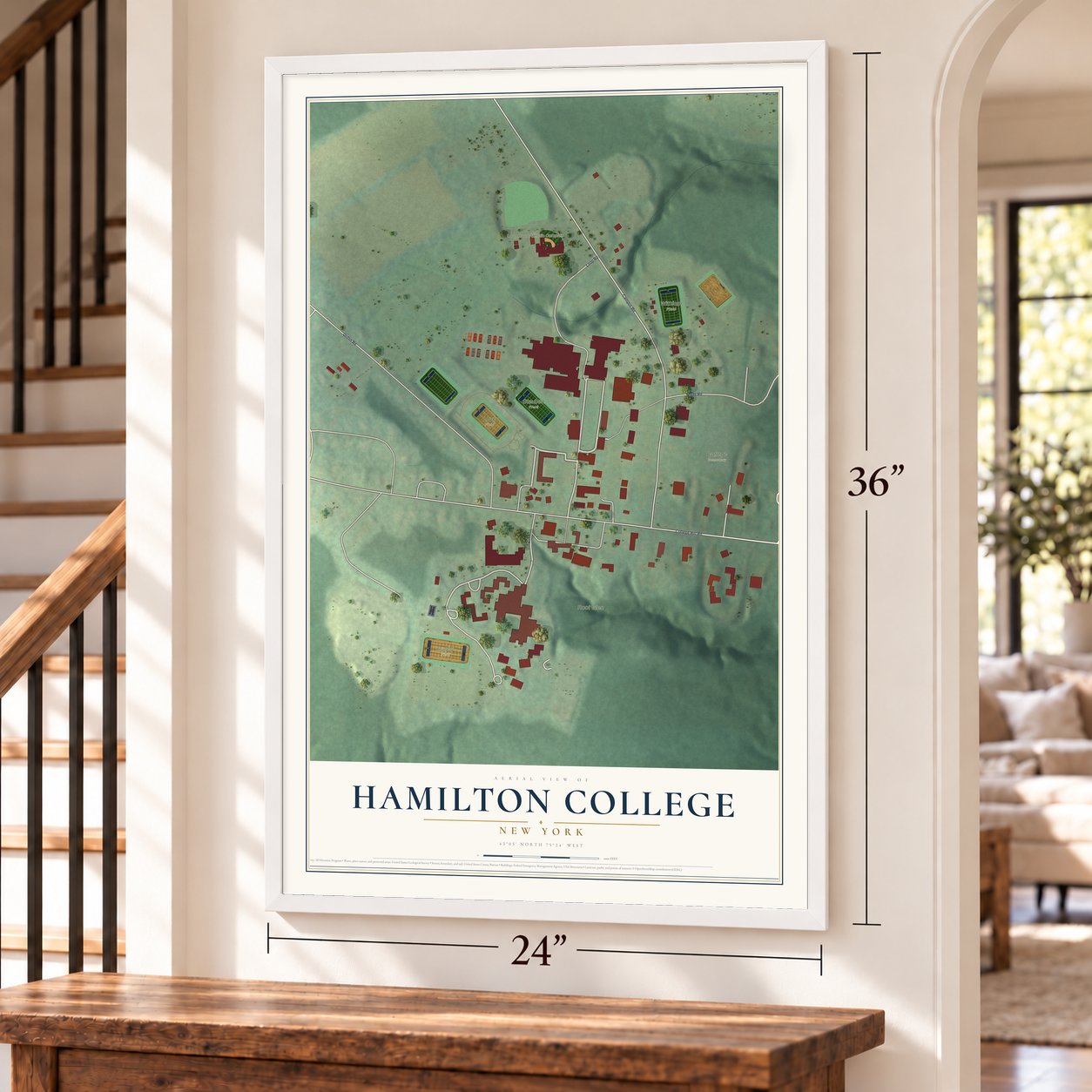 Hamilton College, New York map, 24 x 36 inch print in a white frame by a staircase