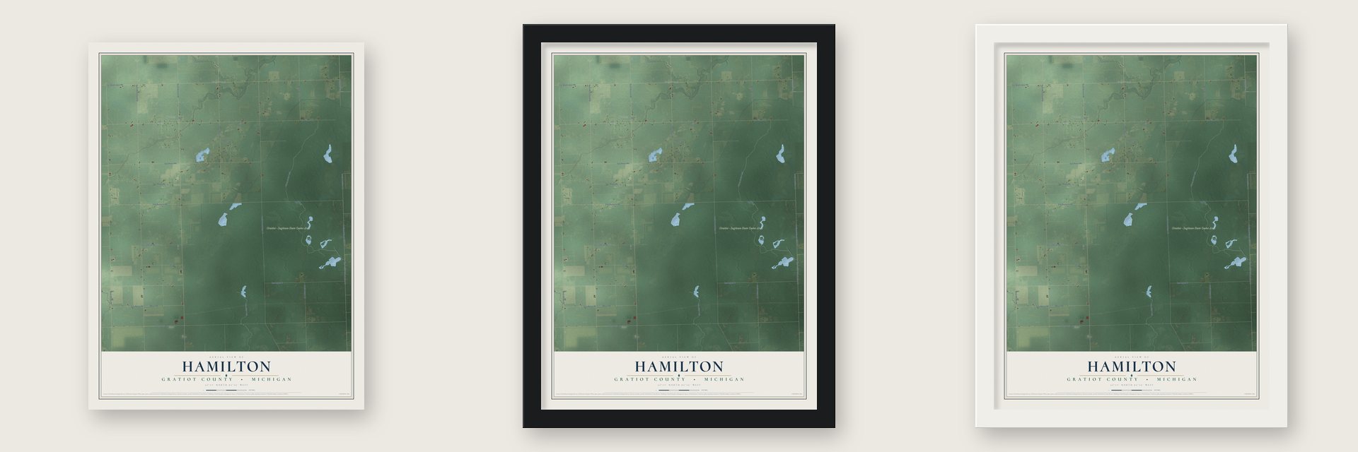 Hamilton, Gratiot County, Michigan map unframed, in a black wood frame and in a white wood frame