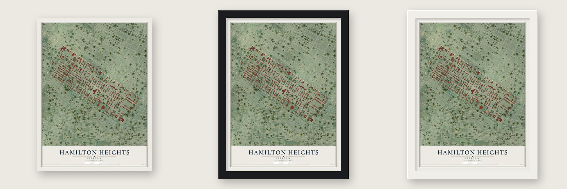 Hamilton Heights, Missouri map unframed, in a black wood frame and in a white wood frame