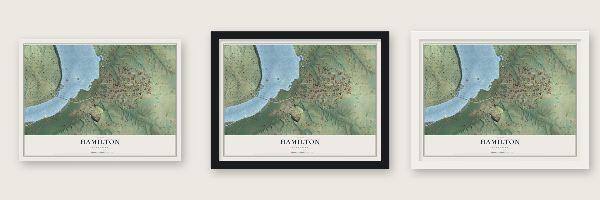 Hamilton, Illinois map unframed, in a black wood frame and in a white wood frame
