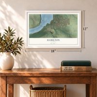 Hamilton, Illinois map, 12 x 18 inch print in a white frame in an entryway