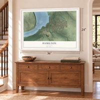 Hamilton, Illinois map, 24 x 36 inch print in a white frame above a dresser by a staircase