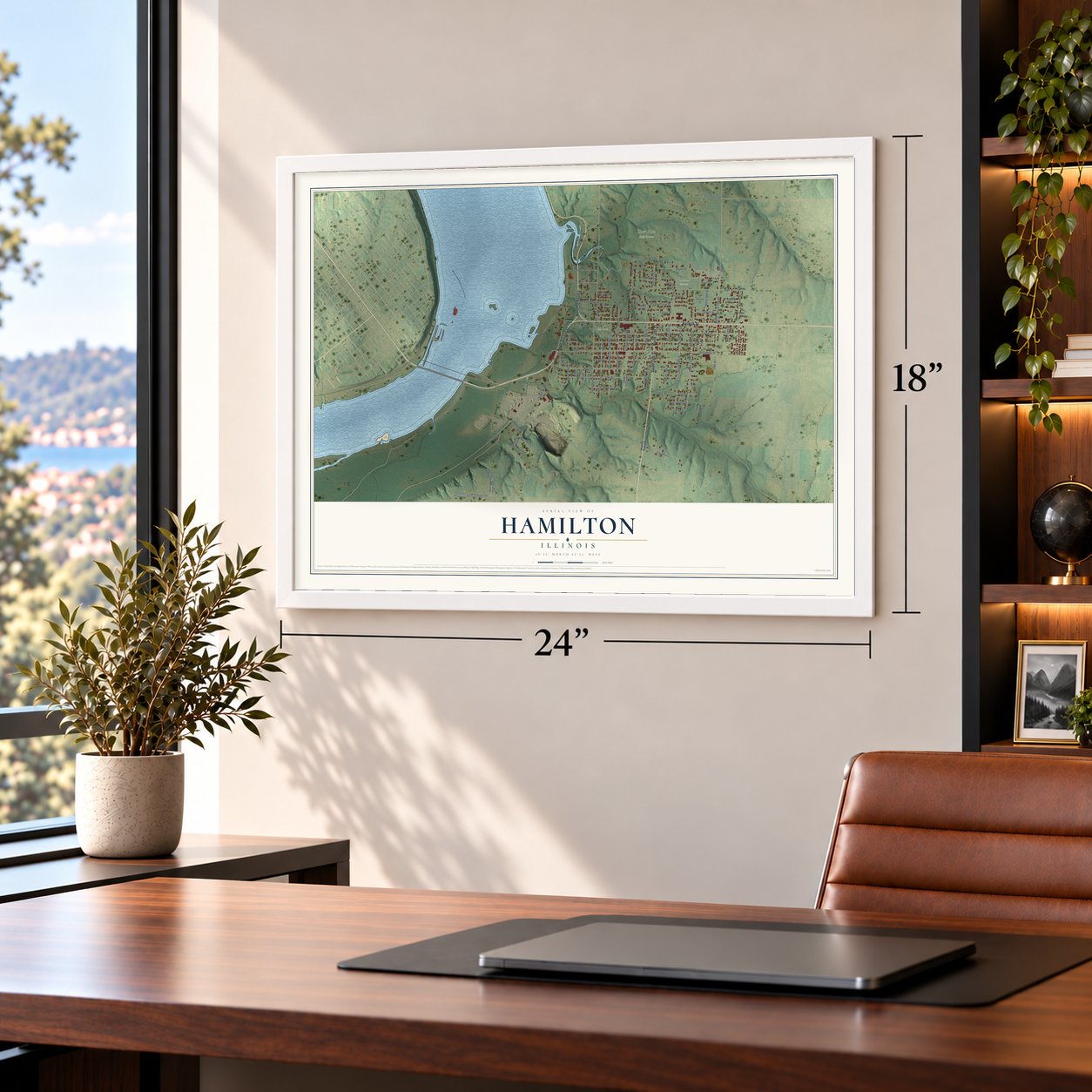 Hamilton, Illinois map, 18 x 24 inch print in a white frame in a home office