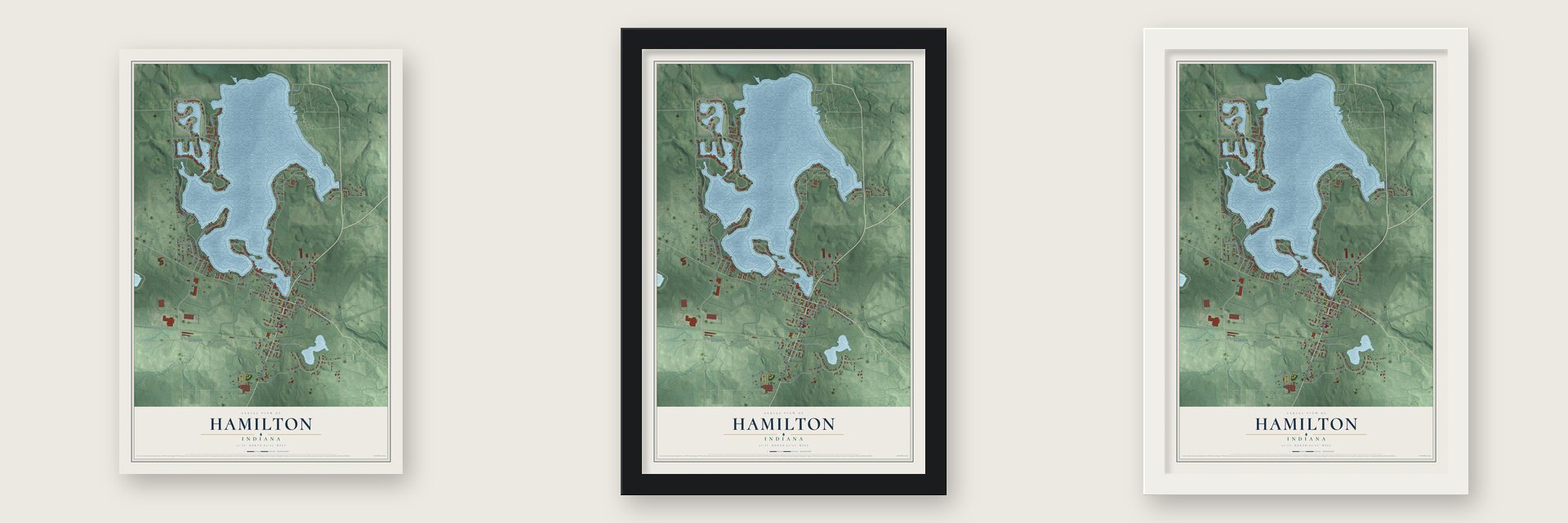Hamilton, Indiana map unframed, in a black wood frame and in a white wood frame