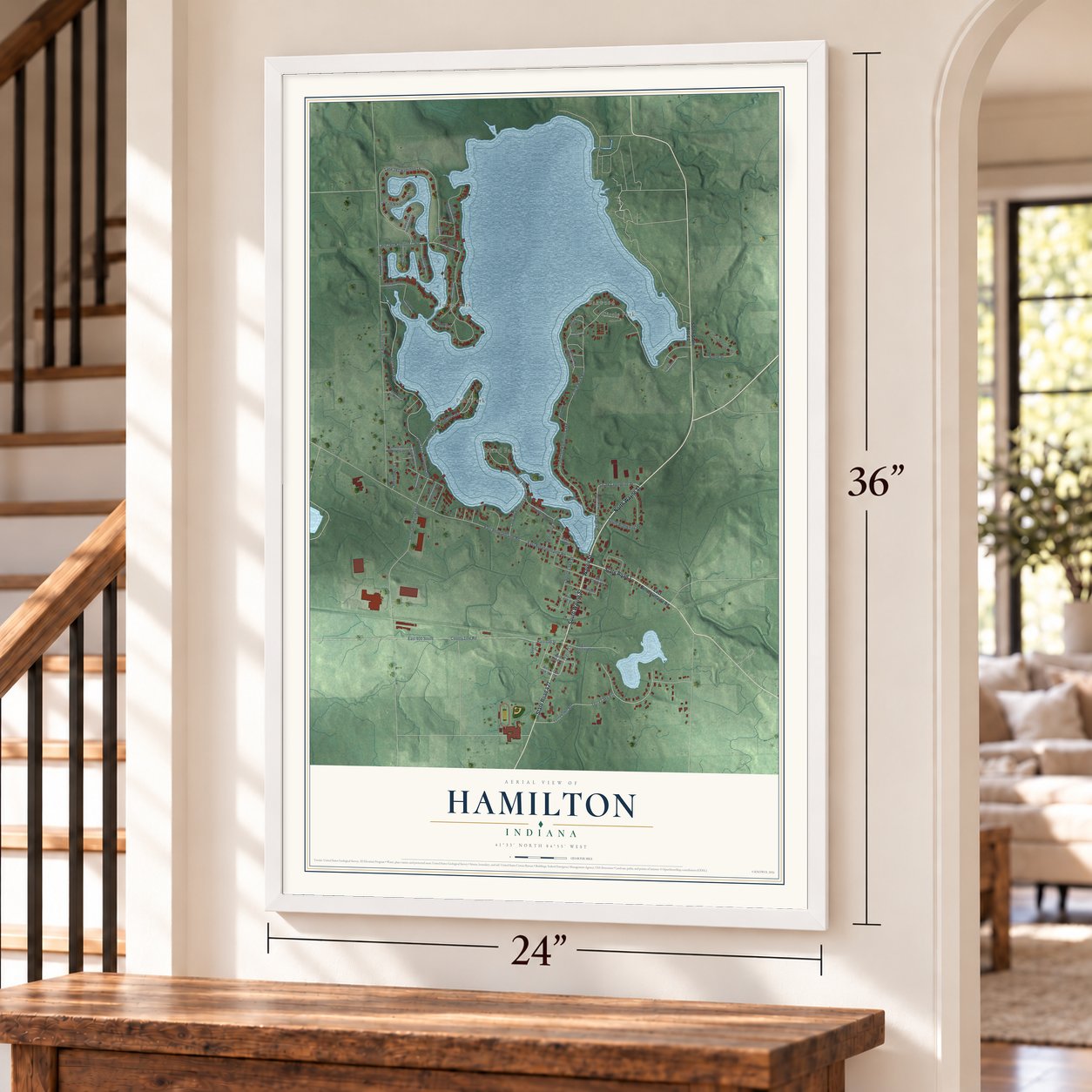 Hamilton, Indiana map, 24 x 36 inch print in a white frame by a staircase