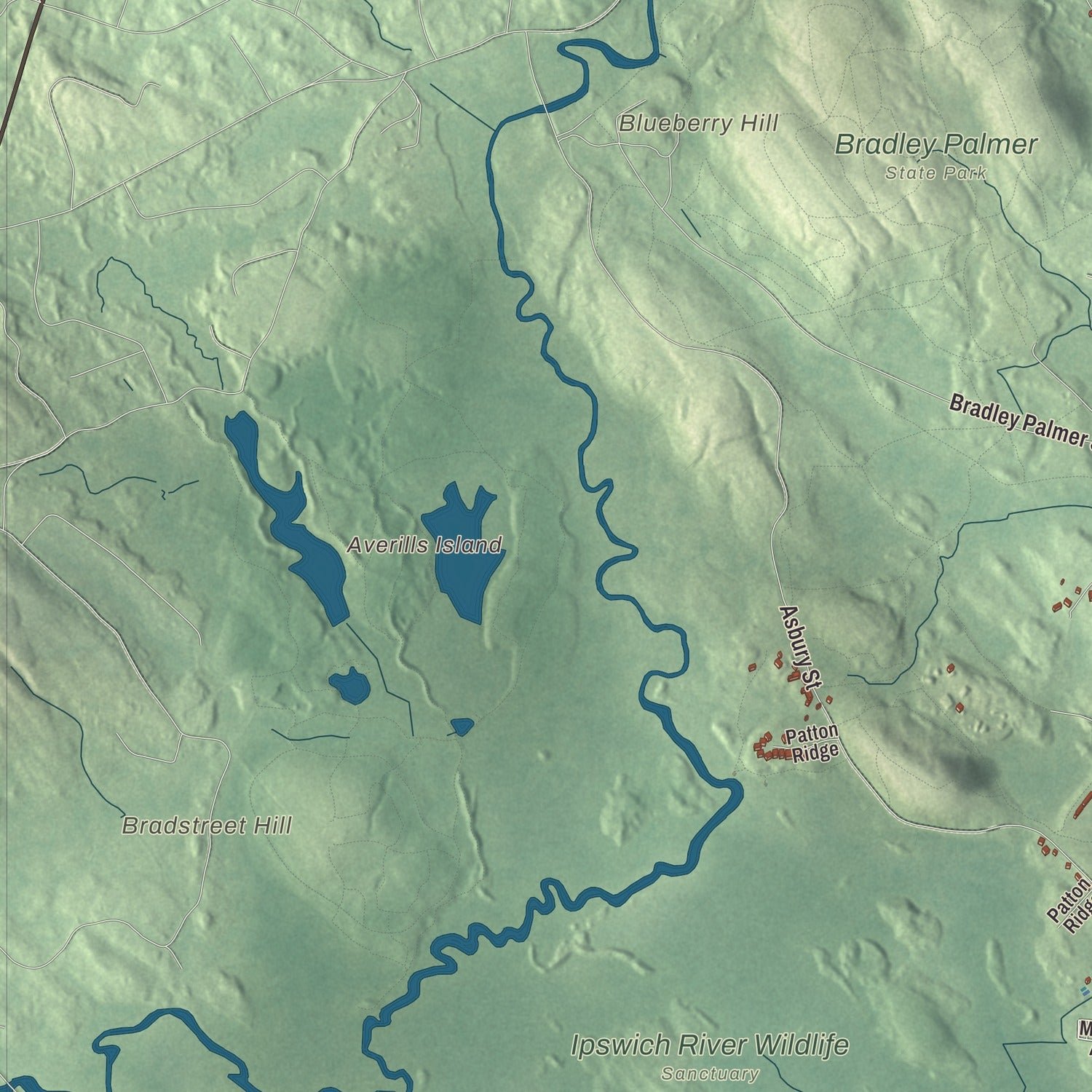 Close-up of the map of Hamilton, Massachusetts print showing terrain and local geography