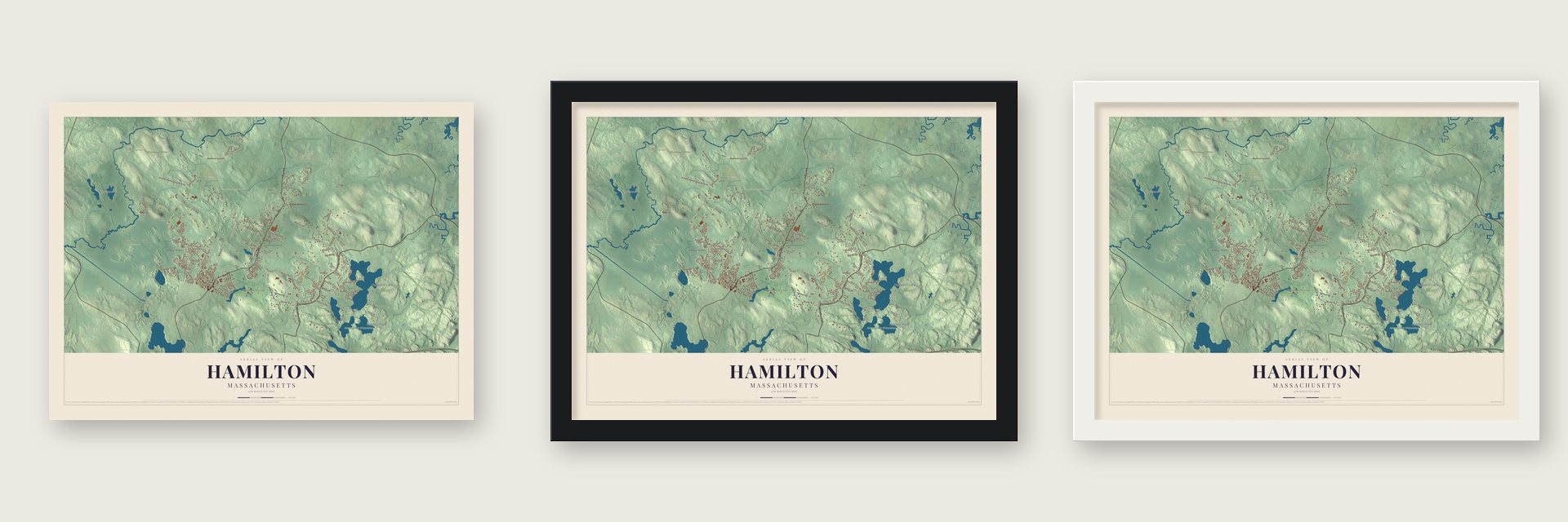 Hamilton, Massachusetts map unframed, in a black wood frame and in a white wood frame