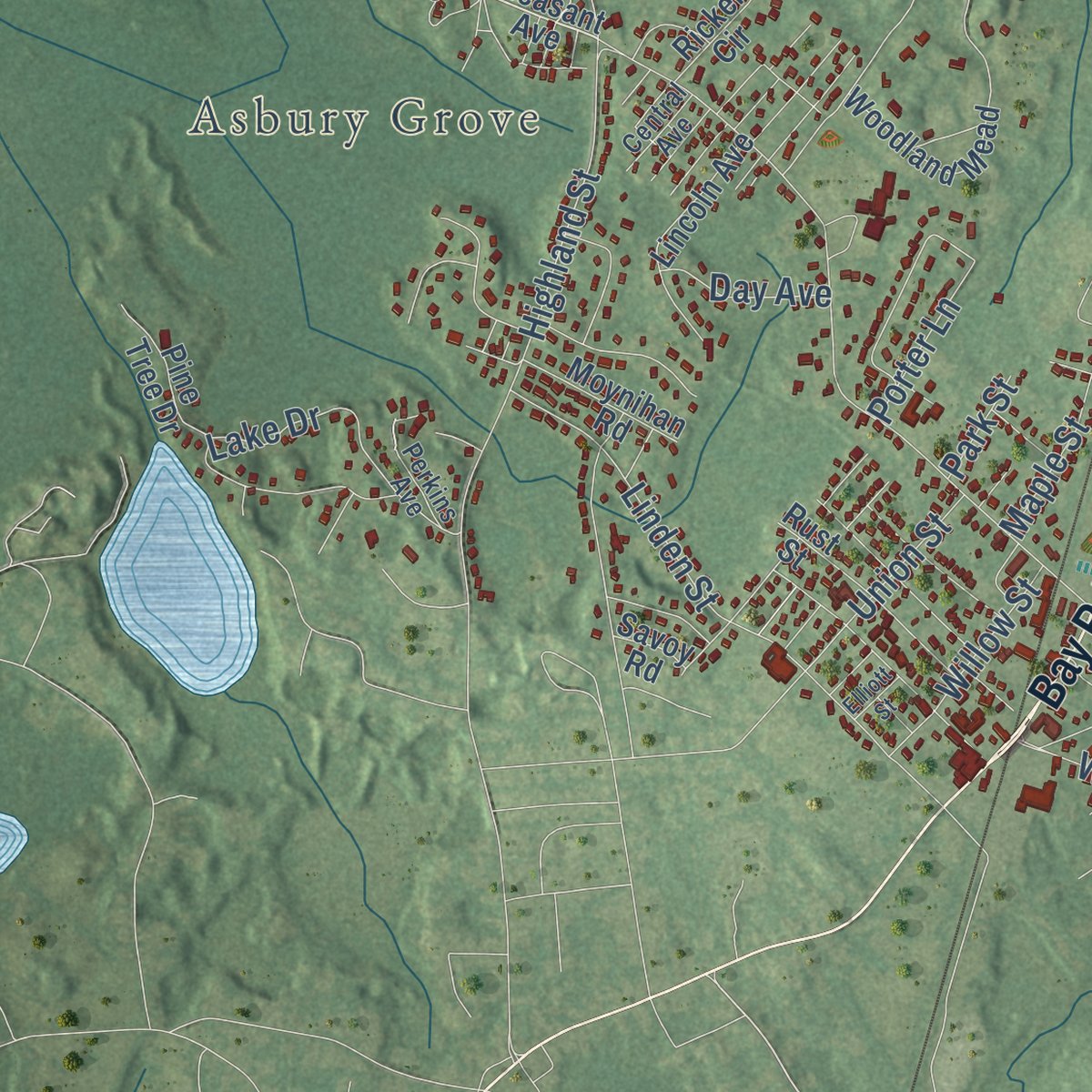 Second close-up of the map of Hamilton, Massachusetts print showing more streets and buildings