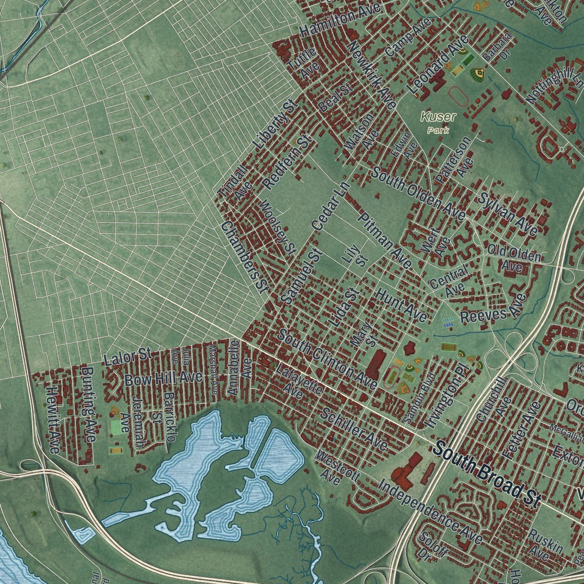 Second close-up of the map of Hamilton, Mercer County, New Jersey print showing more streets and buildings