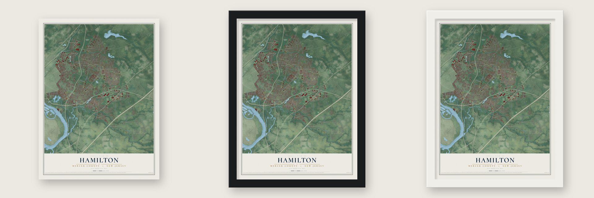 Hamilton, Mercer County, New Jersey map unframed, in a black wood frame and in a white wood frame