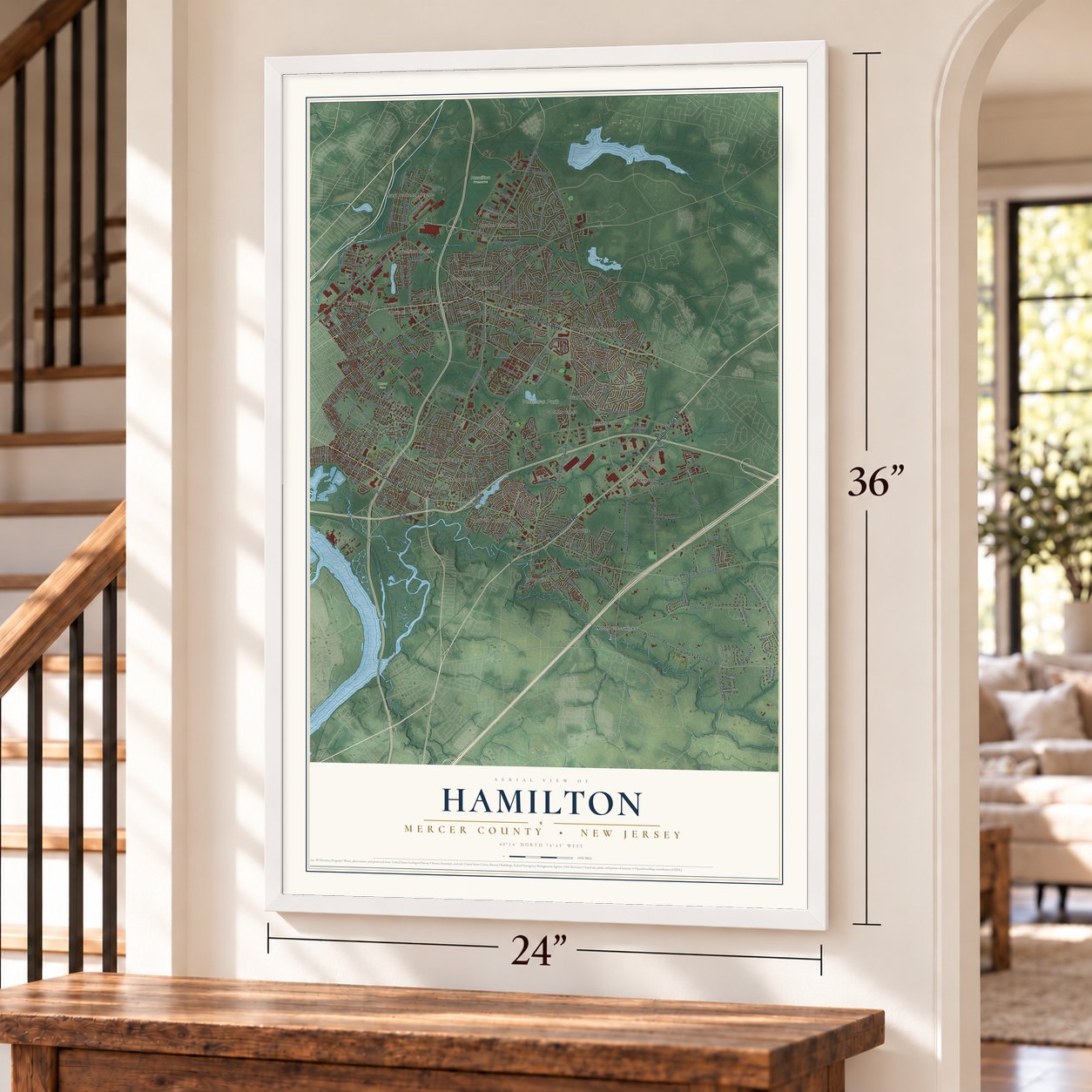 Hamilton, Mercer County, New Jersey map, 24 x 36 inch print in a white frame by a staircase