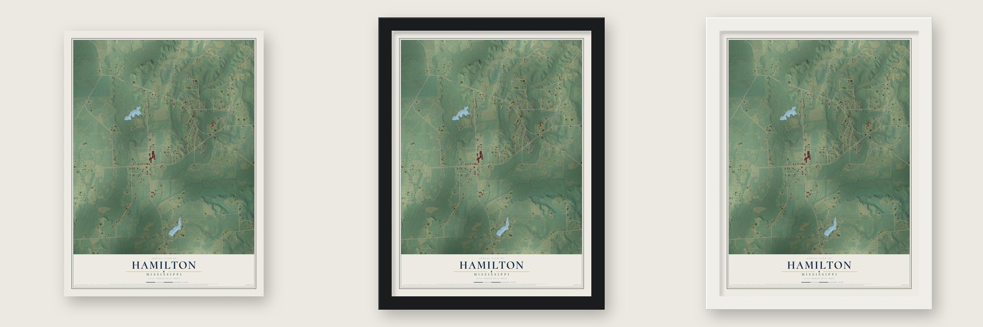 Hamilton, Mississippi map unframed, in a black wood frame and in a white wood frame