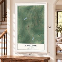 Hamilton, Mississippi map, 24 x 36 inch print in a white frame by a staircase