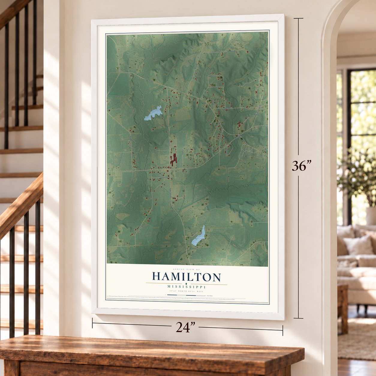 Hamilton, Mississippi map, 24 x 36 inch print in a white frame by a staircase