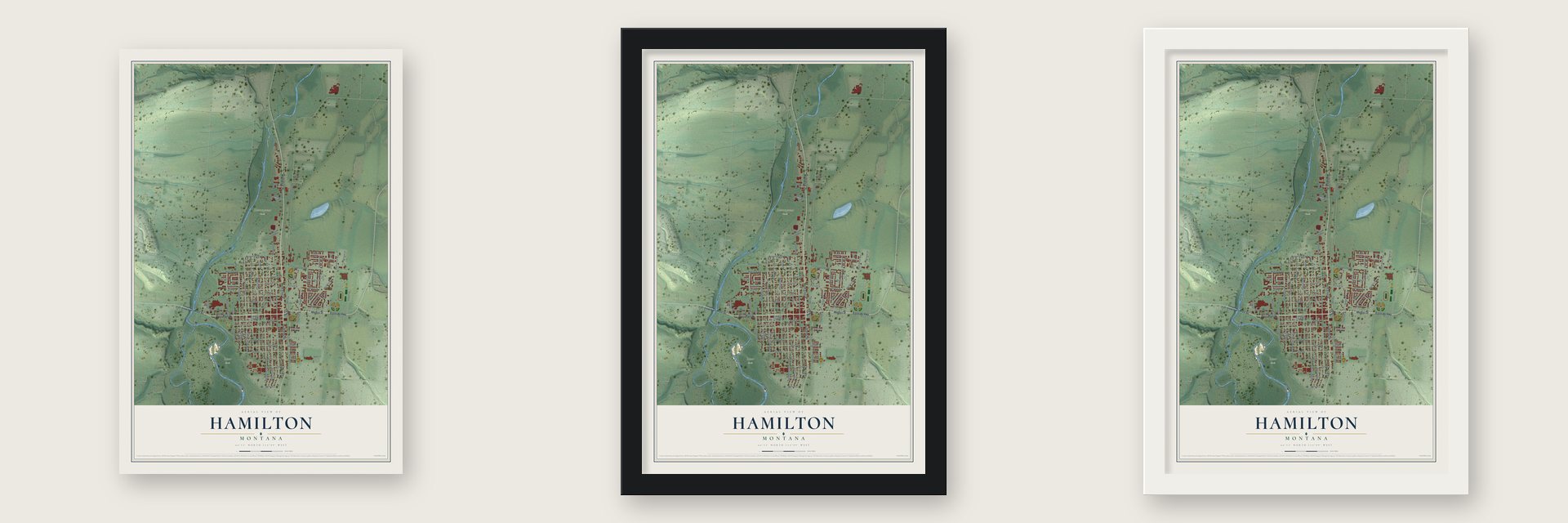 Hamilton, Montana map unframed, in a black wood frame and in a white wood frame