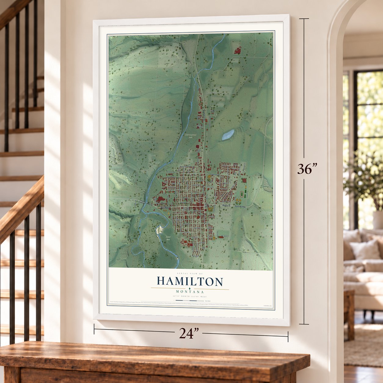 Hamilton, Montana map, 24 x 36 inch print in a white frame by a staircase