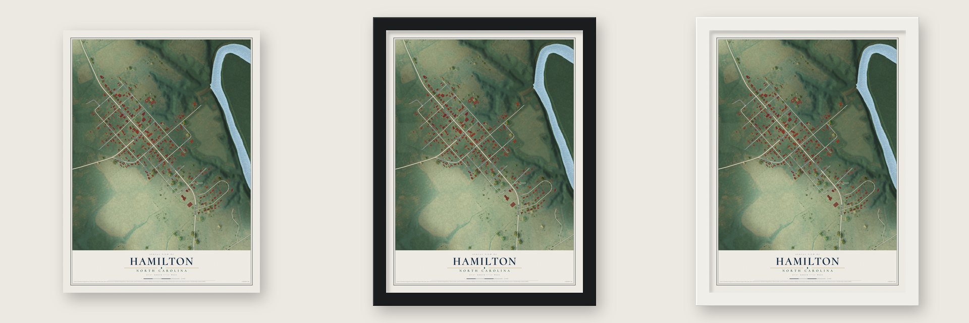 Hamilton, North Carolina map unframed, in a black wood frame and in a white wood frame
