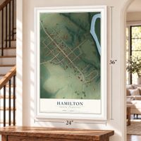 Hamilton, North Carolina map, 24 x 36 inch print in a white frame by a staircase