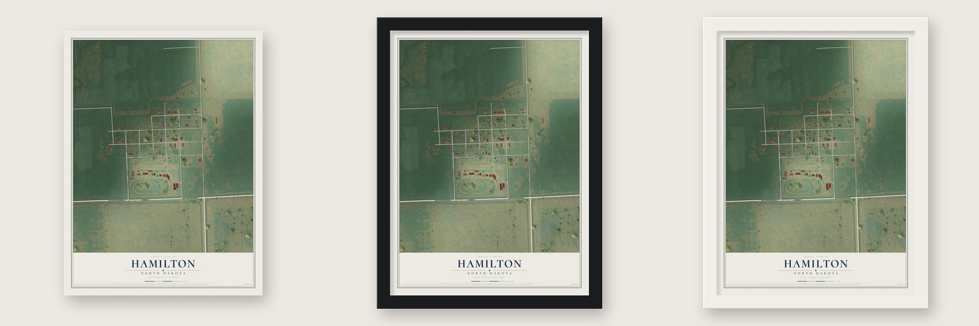 Hamilton, North Dakota map unframed, in a black wood frame and in a white wood frame