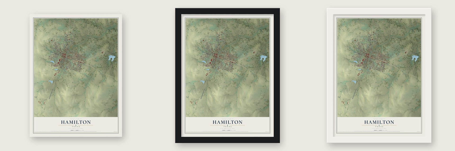 Hamilton, Texas map unframed, in a black wood frame and in a white wood frame