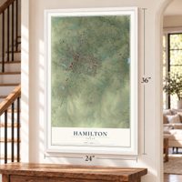 Hamilton, Texas map, 24 x 36 inch print in a white frame by a staircase