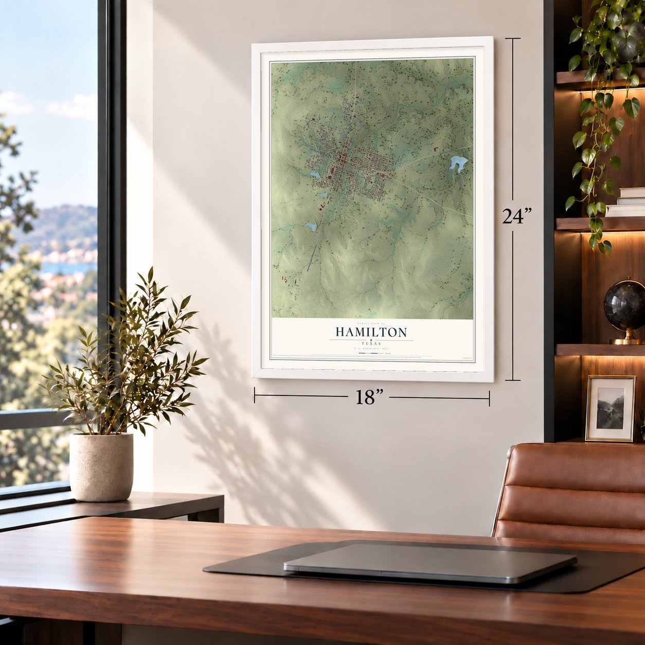 Hamilton, Texas map, 18 x 24 inch print in a white frame in a home office