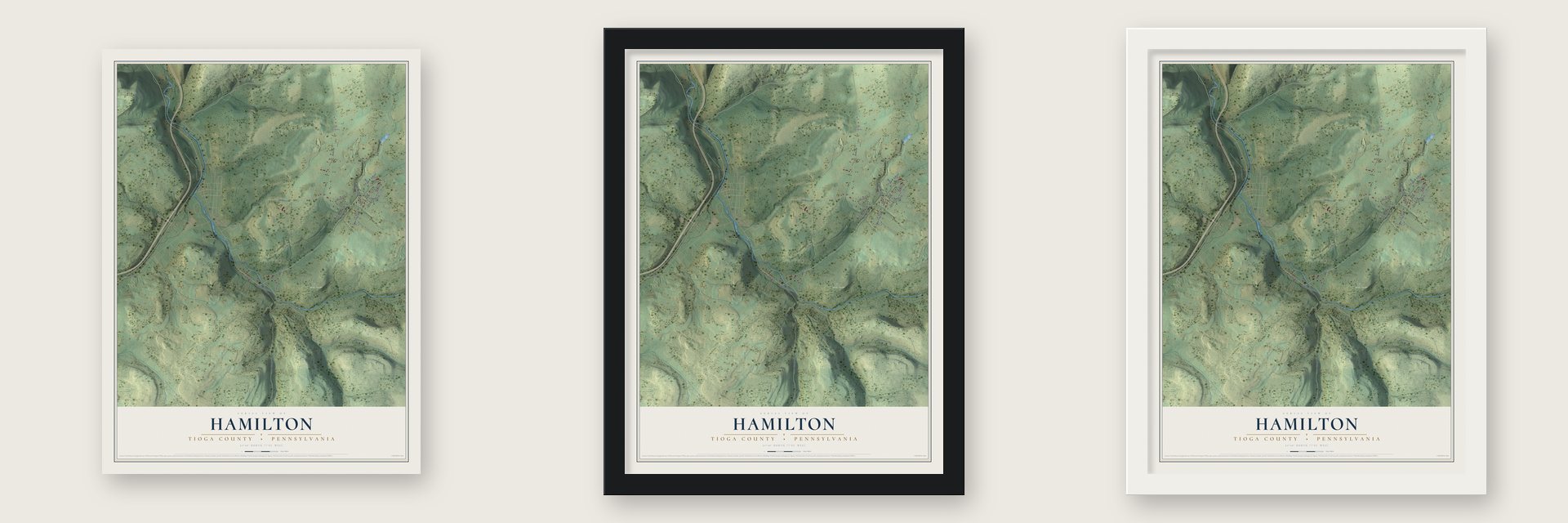 Hamilton, Tioga County, Pennsylvania map unframed, in a black wood frame and in a white wood frame