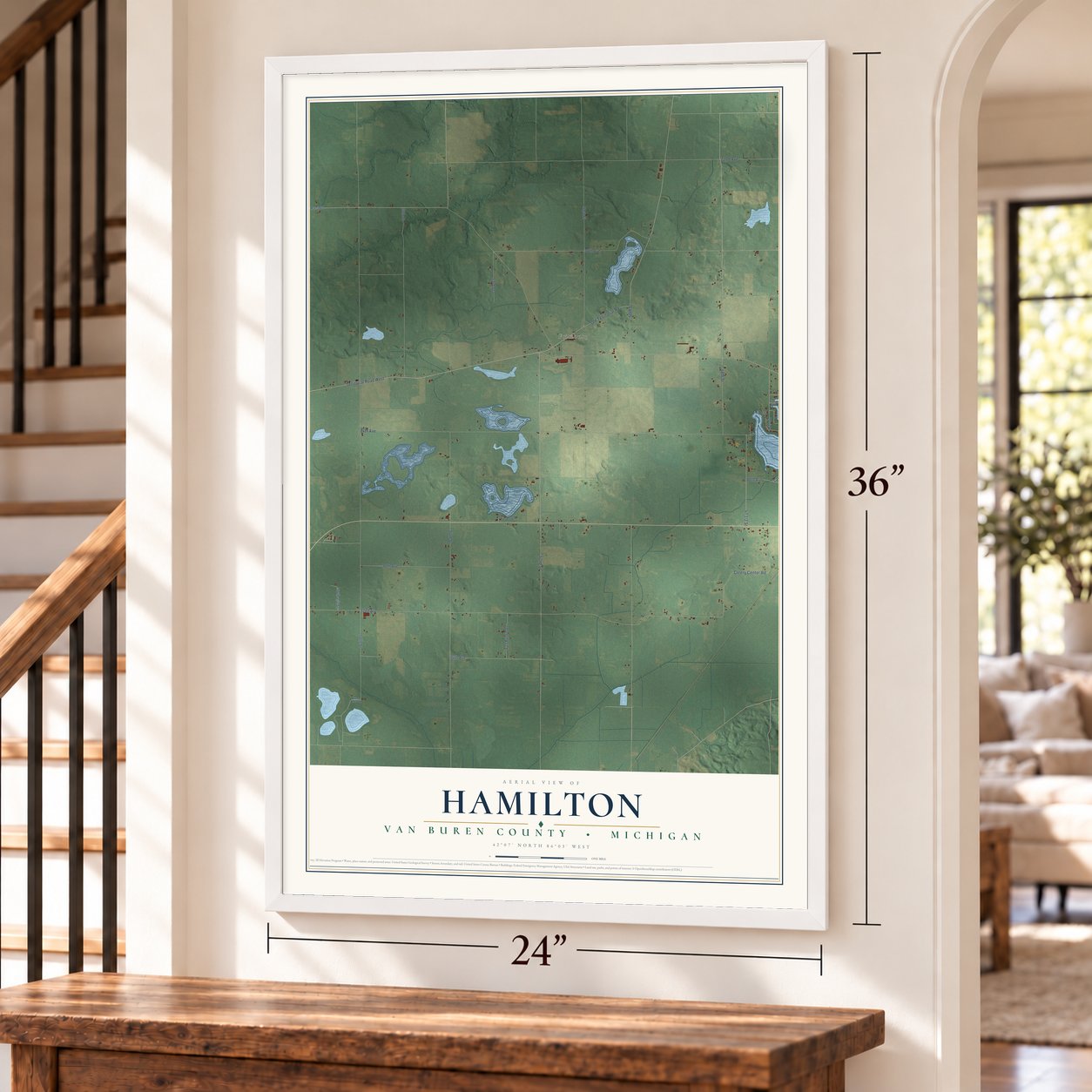 Hamilton, Van Buren County, Michigan map, 24 x 36 inch print in a white frame by a staircase