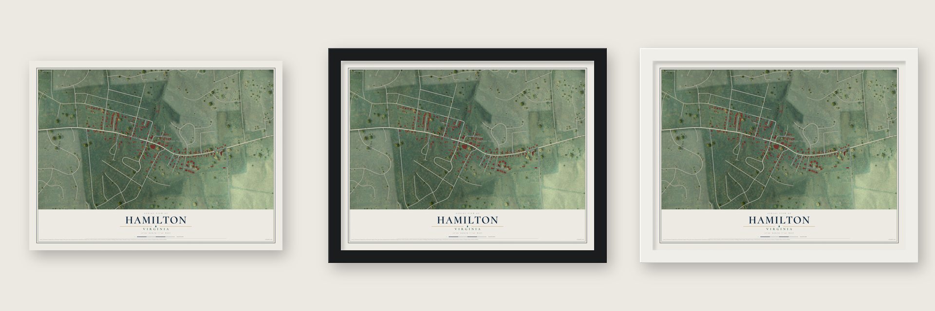 Hamilton, Virginia map unframed, in a black wood frame and in a white wood frame
