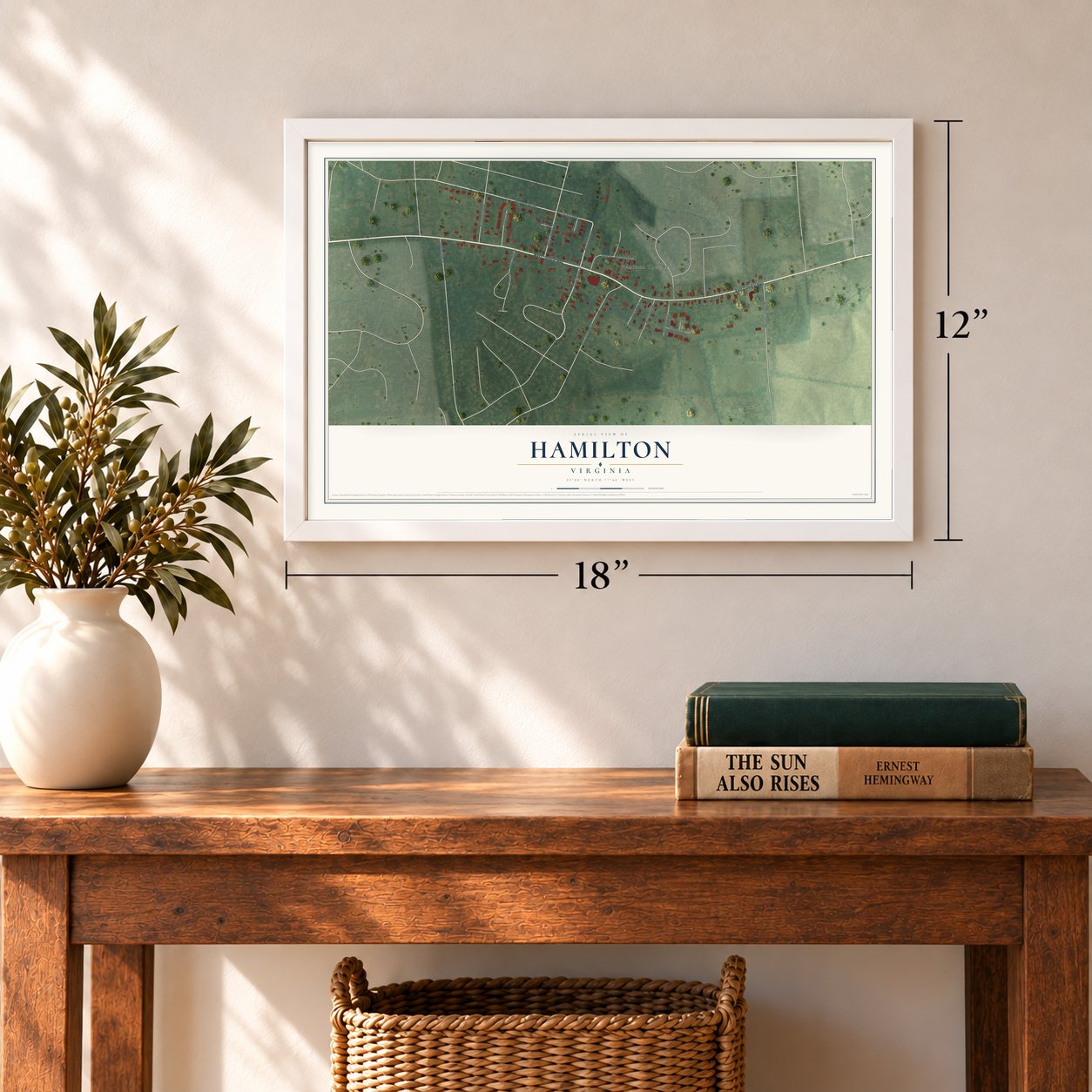 Hamilton, Virginia map, 12 x 18 inch print in a white frame in an entryway