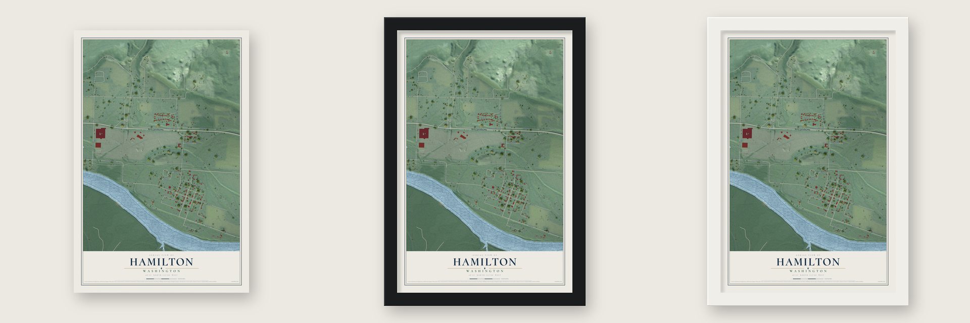 Hamilton, Washington map unframed, in a black wood frame and in a white wood frame