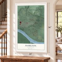 Hamilton, Washington map, 24 x 36 inch print in a white frame by a staircase